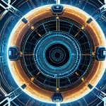 Quantum cryptography: Secure key distribution using quantum mechanics principles, depicting a futuristic, high-tech scene with entangled particles.