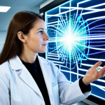 A professional female researcher in a modest lab coat, standing attentively in a pristine, brightly lit quantum physics laboratory. She is observing a holographic display that projects abstract, interconnected light particles, symbolizing quantum entanglement and secure data transmission. The lab environment features state-of-the-art quantum technology with subtle, clean energy glows. The image conveys a sense of scientific innovation, inherent security, and the precision of advanced research. Natural pose, perfect anatomy, well-formed hands, correct proportions, safe for work, appropriate content, fully clothed, professional.