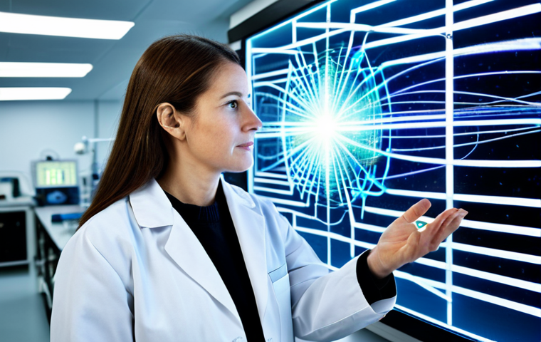 A professional female researcher in a modest lab coat, standing attentively in a pristine, brightly lit quantum physics laboratory. She is observing a holographic display that projects abstract, interconnected light particles, symbolizing quantum entanglement and secure data transmission. The lab environment features state-of-the-art quantum technology with subtle, clean energy glows. The image conveys a sense of scientific innovation, inherent security, and the precision of advanced research. Natural pose, perfect anatomy, well-formed hands, correct proportions, safe for work, appropriate content, fully clothed, professional.
