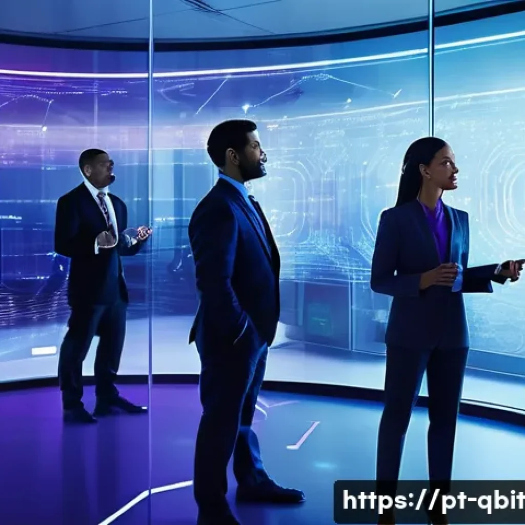 양자 암호화의 미래 사용 가능성 - A futuristic corporate office scene showing a diverse group of professionals in formal business atti...