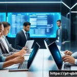 양자 암호화의 산업 혁신 가능성 - A modern Brazilian bank interior with diverse customers using smartphones and laptops for financial ...