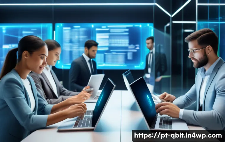 양자 암호화의 산업 혁신 가능성 - A modern Brazilian bank interior with diverse customers using smartphones and laptops for financial ...