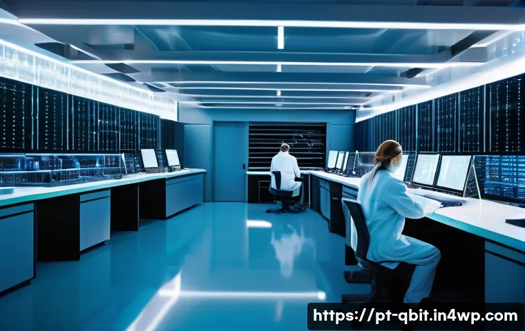 양자 암호화와 사이버 공격 대응 전략 - A futuristic quantum cryptography laboratory with advanced photon generators and fiber optic cables,...