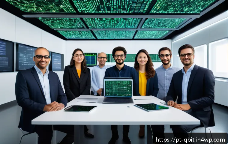 양자 암호화의 교육적 접근 - A futuristic laboratory setting in São Paulo, Brazil, showing a diverse group of professionals—weari...