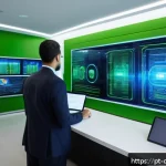 Home 19 양자 암호화의 응용 분야 확장 - A futuristic financial institution office in São Paulo, Brazil, showcasing a high-tech quantum encry...