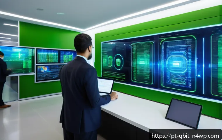 양자 암호화의 응용 분야 확장 - A futuristic financial institution office in São Paulo, Brazil, showcasing a high-tech quantum encry...