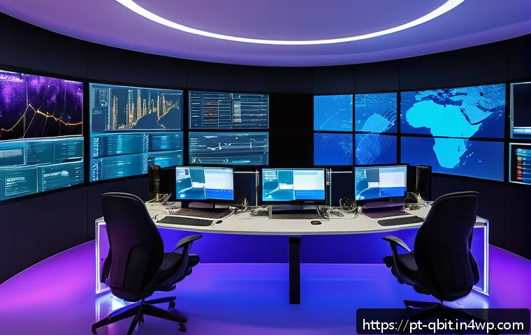 양자 암호화의 기술적 미래 비전 - A futuristic digital control room inside a modern Brazilian financial institution, featuring diverse...