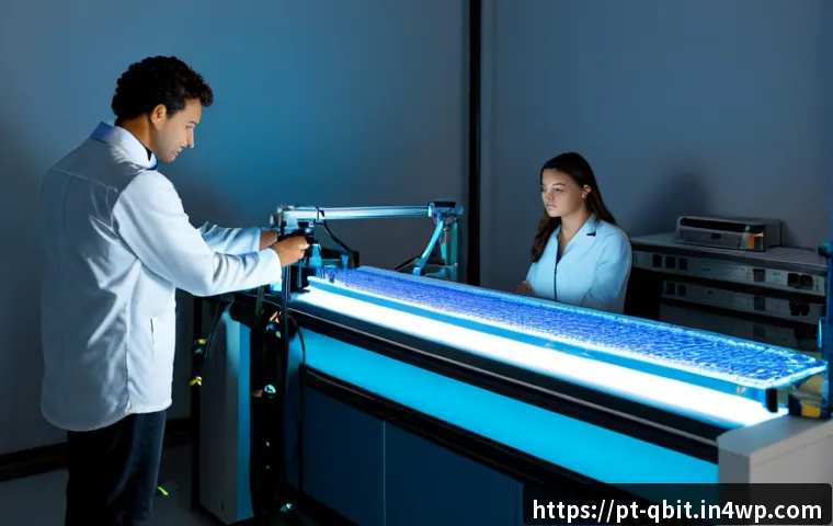 Home 17 양자 암호화의 기술적 기초 - Photorealistic quantum cryptography laboratory scene, a Brazilian-Portuguese research team in clean ...